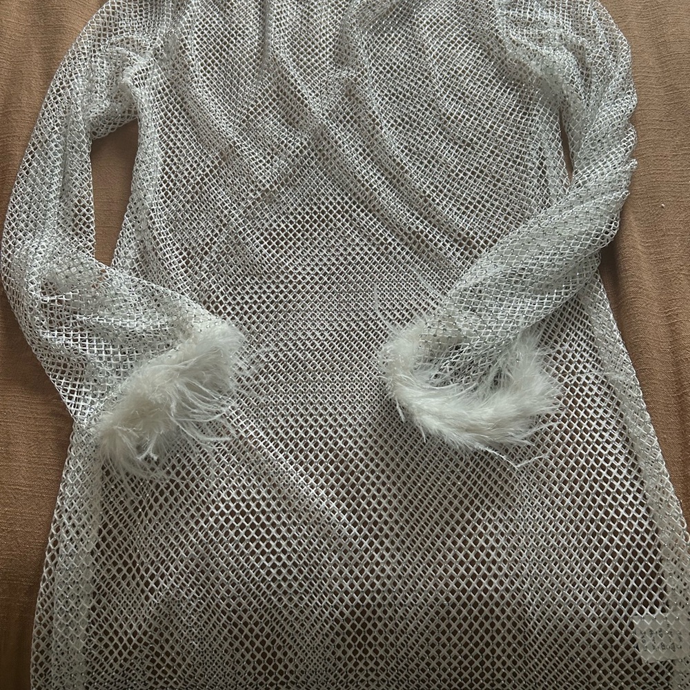 12th Tribe White Mesh Dress with Feather Cuffs